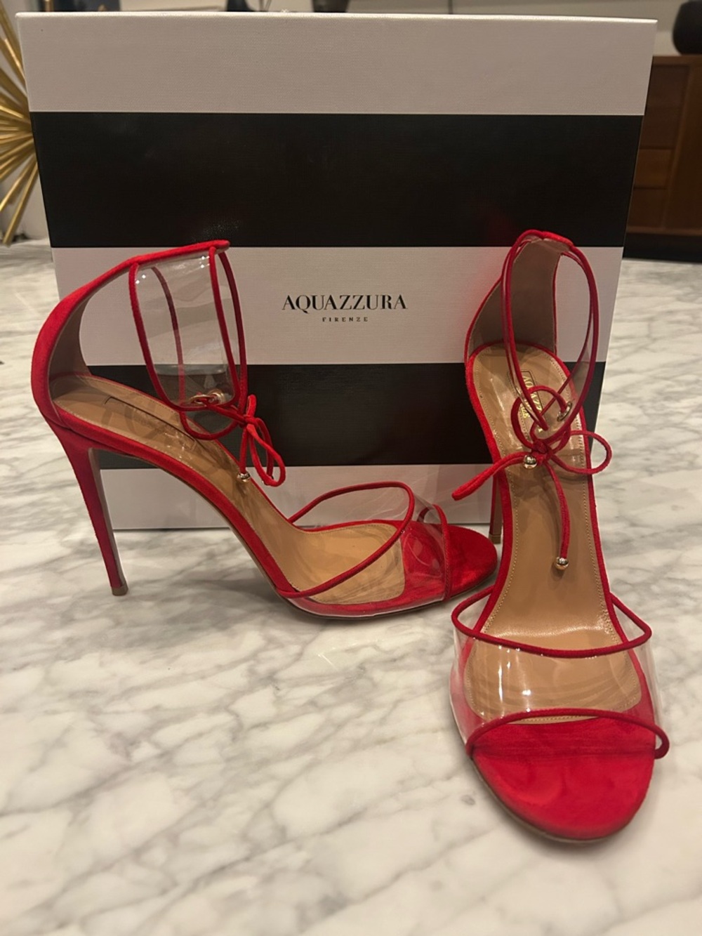 Aquazzura Red Suede Lace-Up Stiletto Optic Sandals Size 42/ US 11